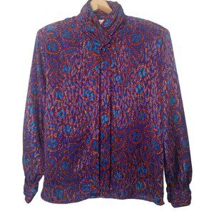 Vintage Diversity 10 P Petite Blouse High Neck Shimmer Secretary Floral Long Slv